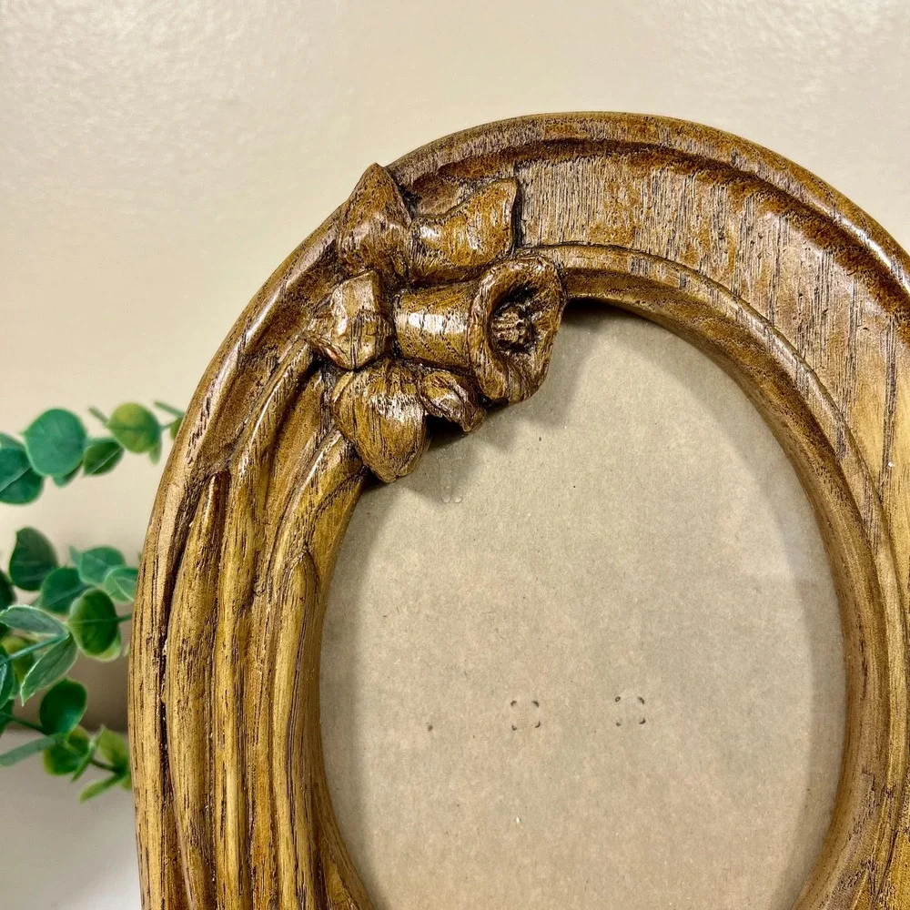 Vintage 1980 Hand Carved Daffodil Floral Design Wood Frame | 5x7